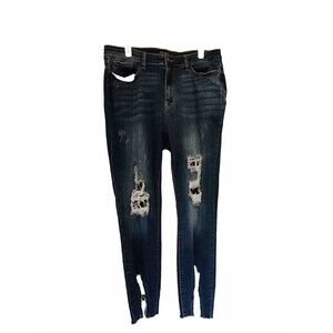 Judy Blue Skinny Fit Leopard Print Patch Ripped High Rise Blue Jeans, Size 15/32